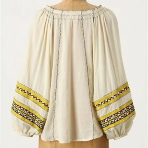 Anthropologie Zia Pueblo Peasant Blouse Embroidered Sheer Top By Devlin, Size M - Picture 2 of 3